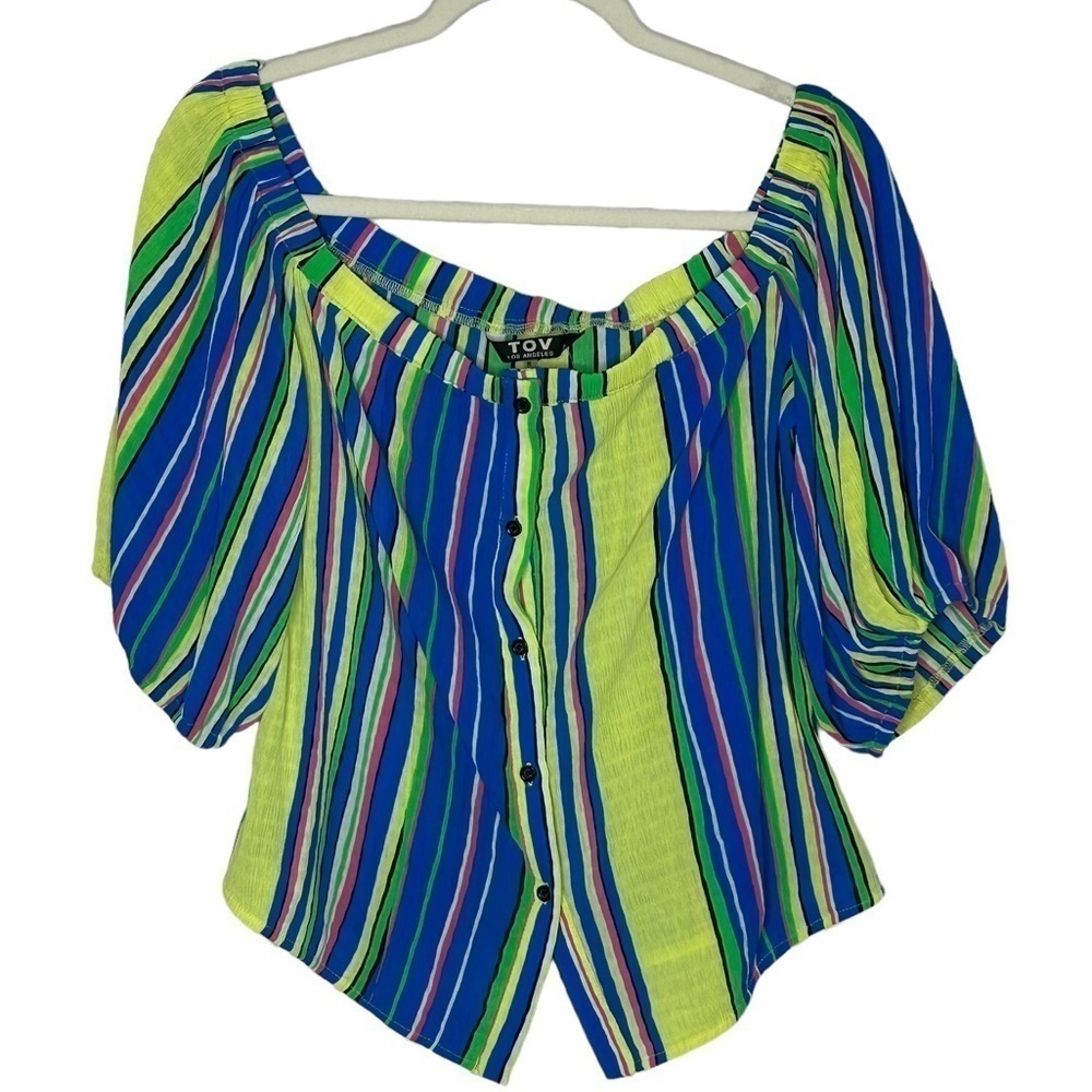TOV Los Angeles Striped Off Shoulder Button Down Top